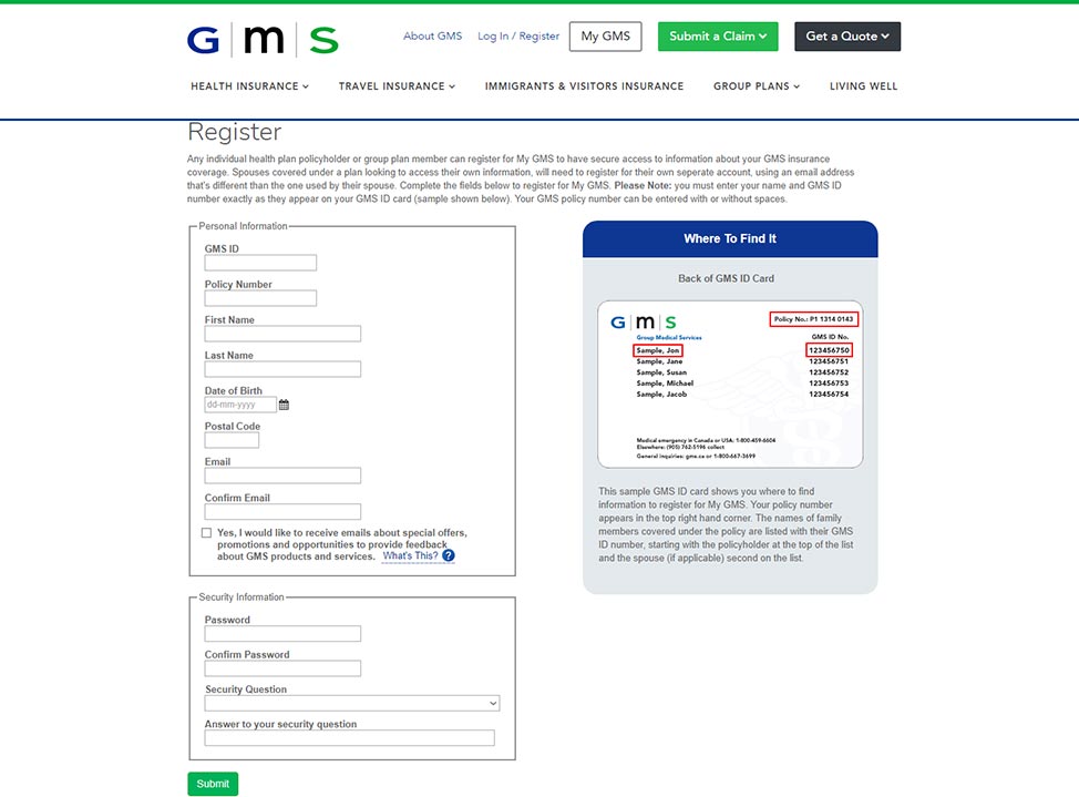 gms insuance online registration screenshot