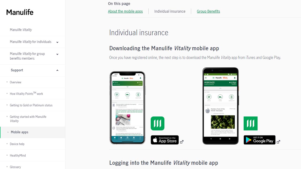 manulife vitality app login screenshot