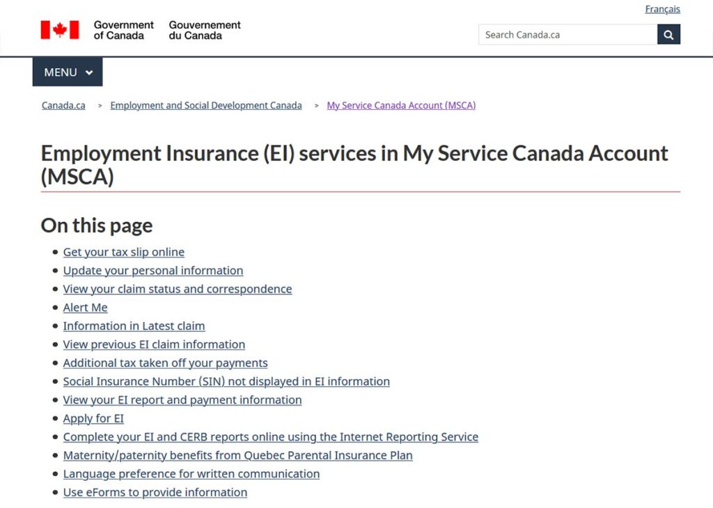 Service Canada website EI Application screenshot