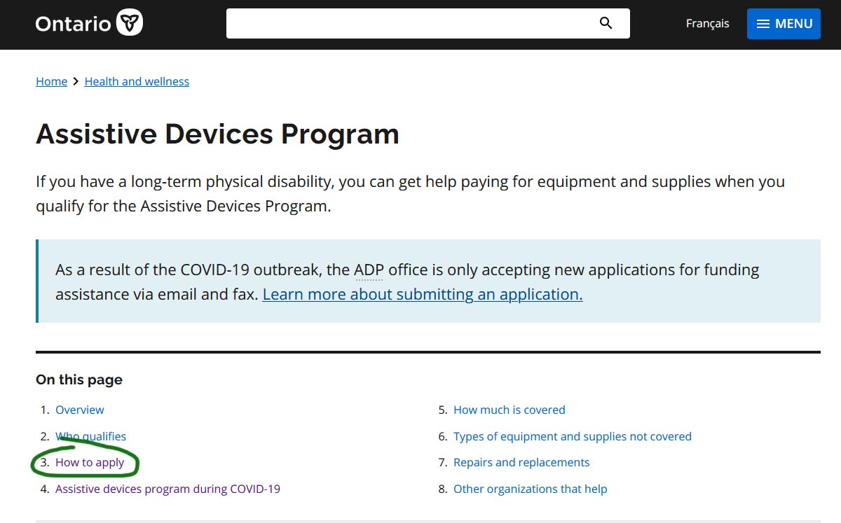 assistive devices program ontario application website